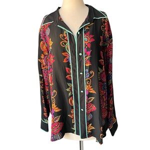 Bob Mackie Silk Wearable Art Button-down Colorful Floral Blouse Top Sz 1X